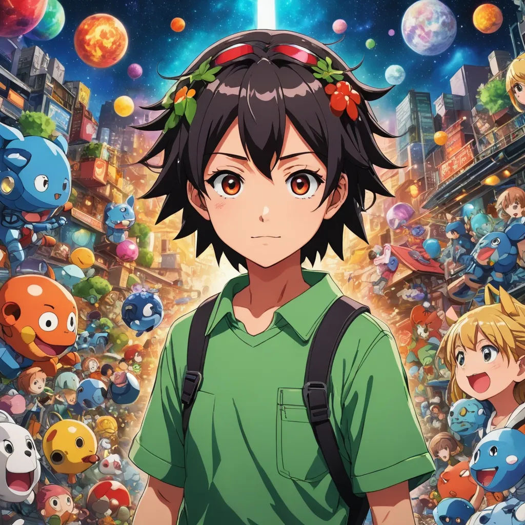 a young man standing in front of a crowd of people with anime characters around him and a sky background, maximalism, poster art, Ai-Mitsu, official art