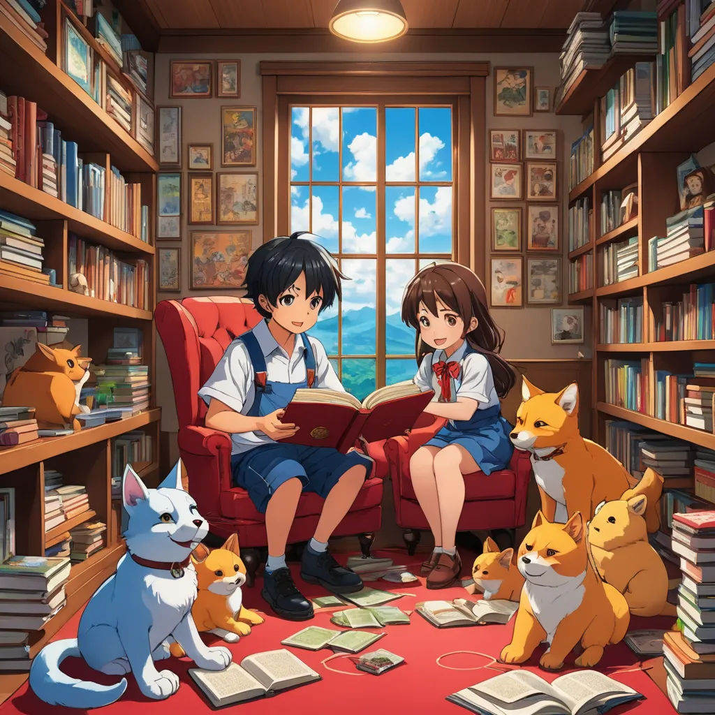 a couple of people sitting in a room with cats and dogs around them and a book on the floor, magic realism, a storybook illustration, Art & Language, official art