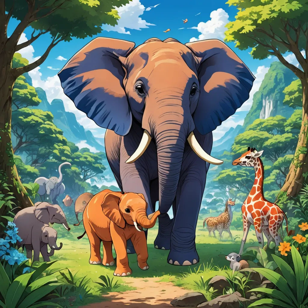 a painting of an elephant and a baby elephant in a jungle setting with other animals in the background and a baby elephant standing in the foreground, sumatraism, a storybook illustration, Chris LaBrooy, 2 d game art