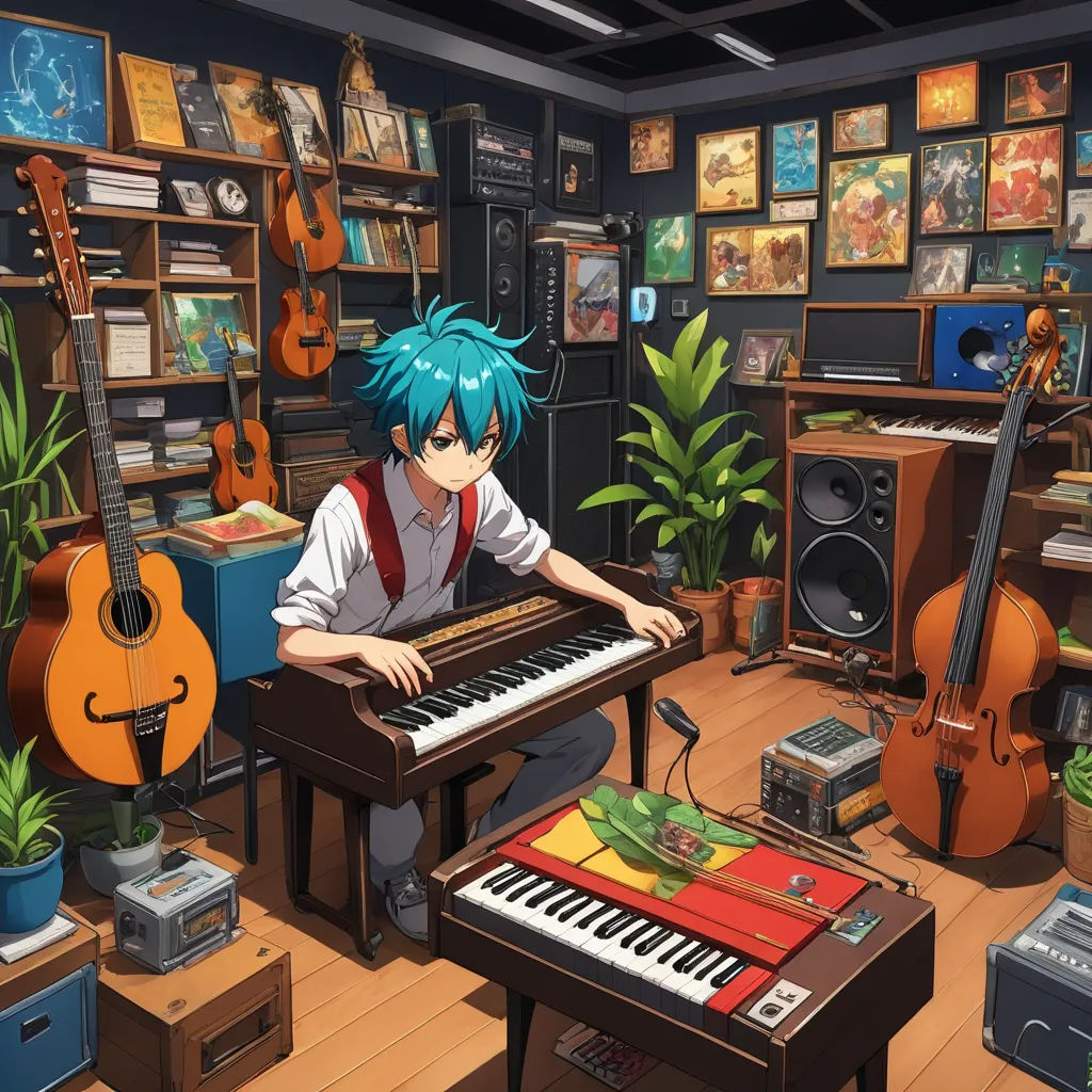 a man sitting at a piano in a room with musical instruments and a guitar on the floor in front of him, rayonism, computer graphics, artist, official art