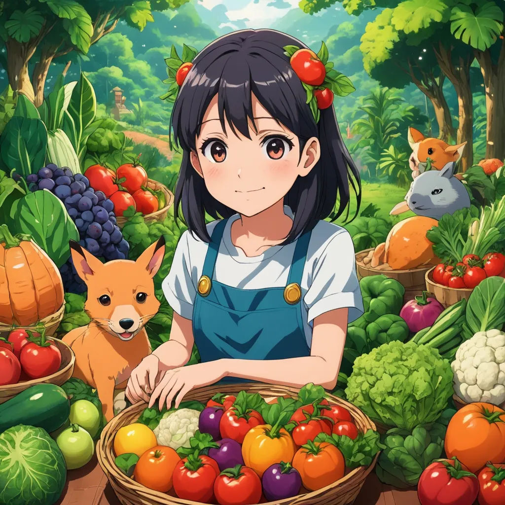 a girl standing in front of a table filled with vegetables and fruits and a dog sitting next to her, synthetism, an album cover, Aya Goda, anime key visual