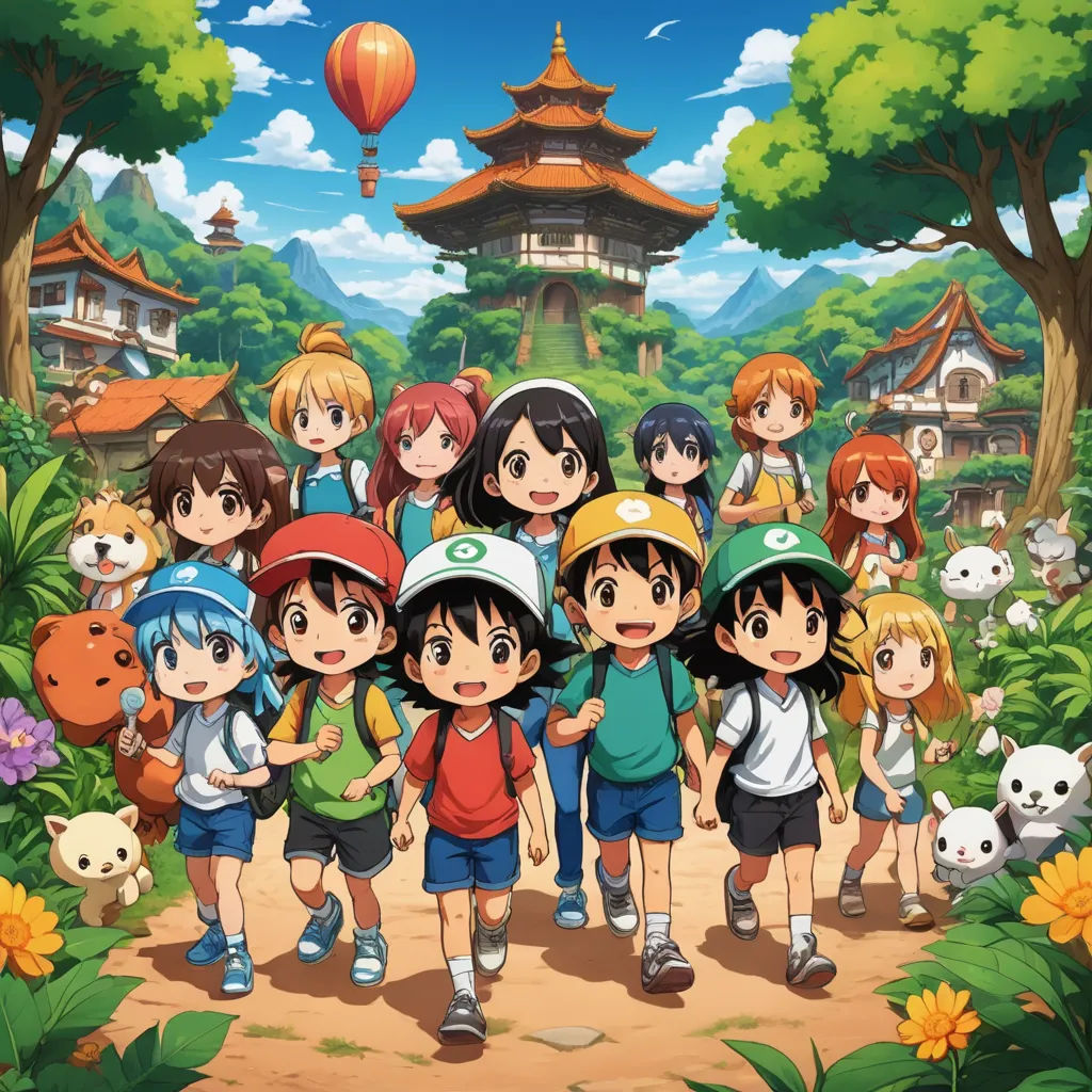 a group of children standing in front of a pagoda with a dog on the ground and a dog on the ground, les nabis, an anime drawing, Baiōken Eishun, anime