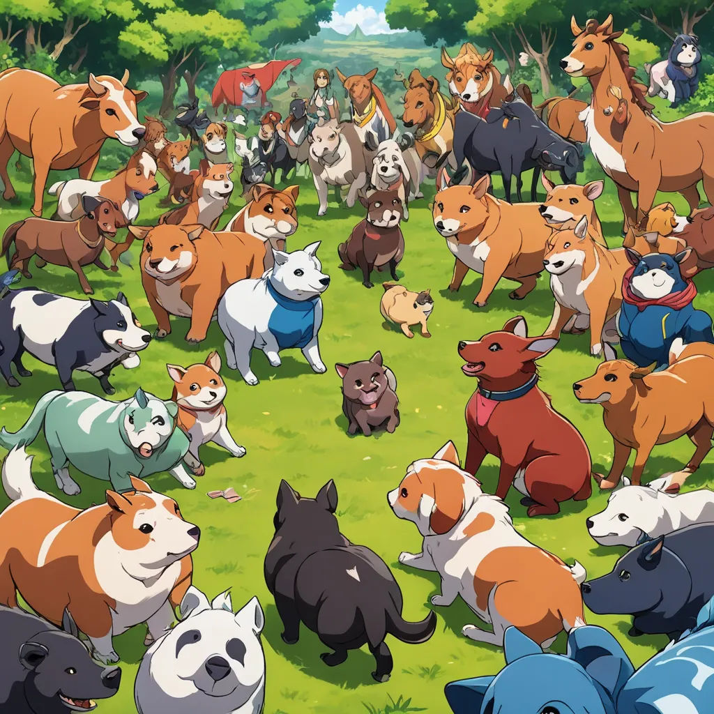 a large group of dogs are standing in a field together, all of them are different colors and sizes, furry art, concept art, Baiōken Eishun, official art