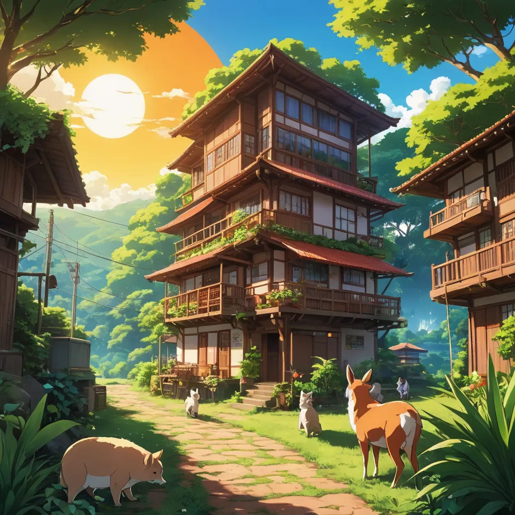a painting of a village with animals and people in it, and a sunset in the background, with a few buildings, furry art, a detailed matte painting, Chris LaBrooy, kyoto animation