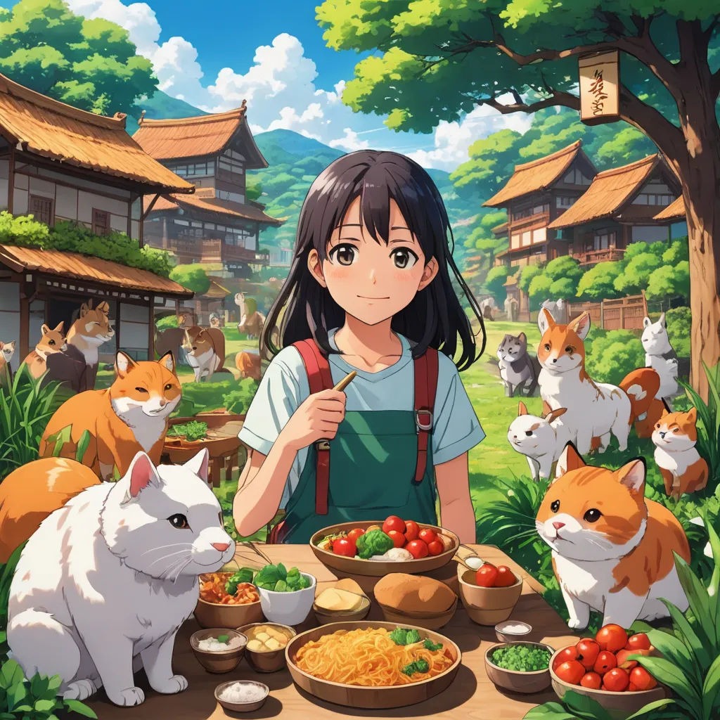 a girl standing in front of a table filled with food and cats around her eating food from bowls and bowls, magic realism, an album cover, Ai-Mitsu, official art