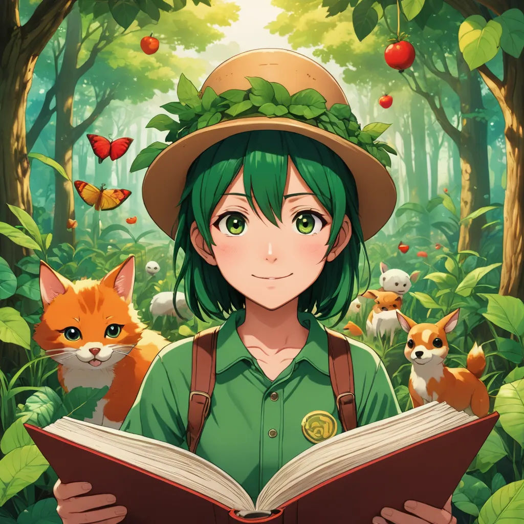 a girl reading a book in the forest with a cat and other animals around her, with a forest background, sots art, a character portrait, Chizuko Yoshida, official art