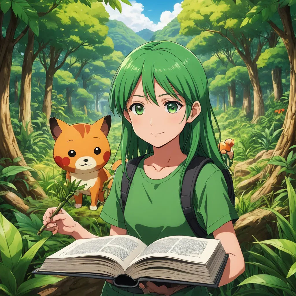 a girl with green hair holding a book in a forest with a fox on her shoulder and a fox on her shoulder, rayonism, a character portrait, Eizan Kikukawa, official art