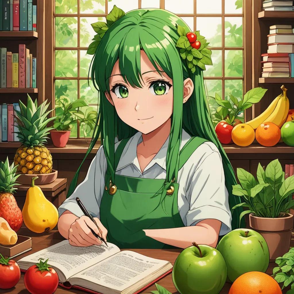 a girl with green hair sitting at a table with fruit and vegetables in front of her and writing a book, remodernism, a stock photo, Aya Goda, official art