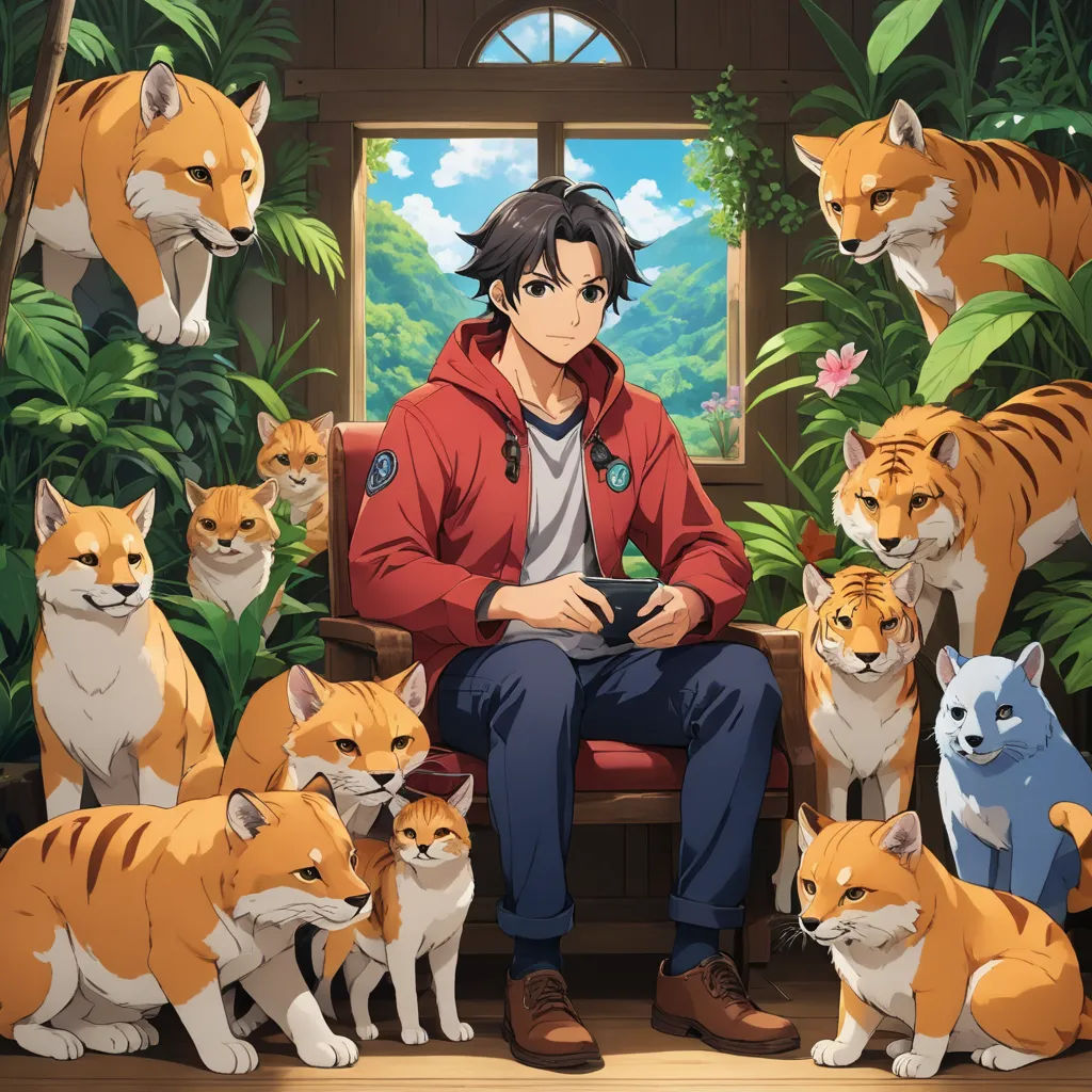 a man sitting in a chair surrounded by tigers and tigers in a forest area with a window and a forest background, rayonism, a character portrait, Dan Content, official art