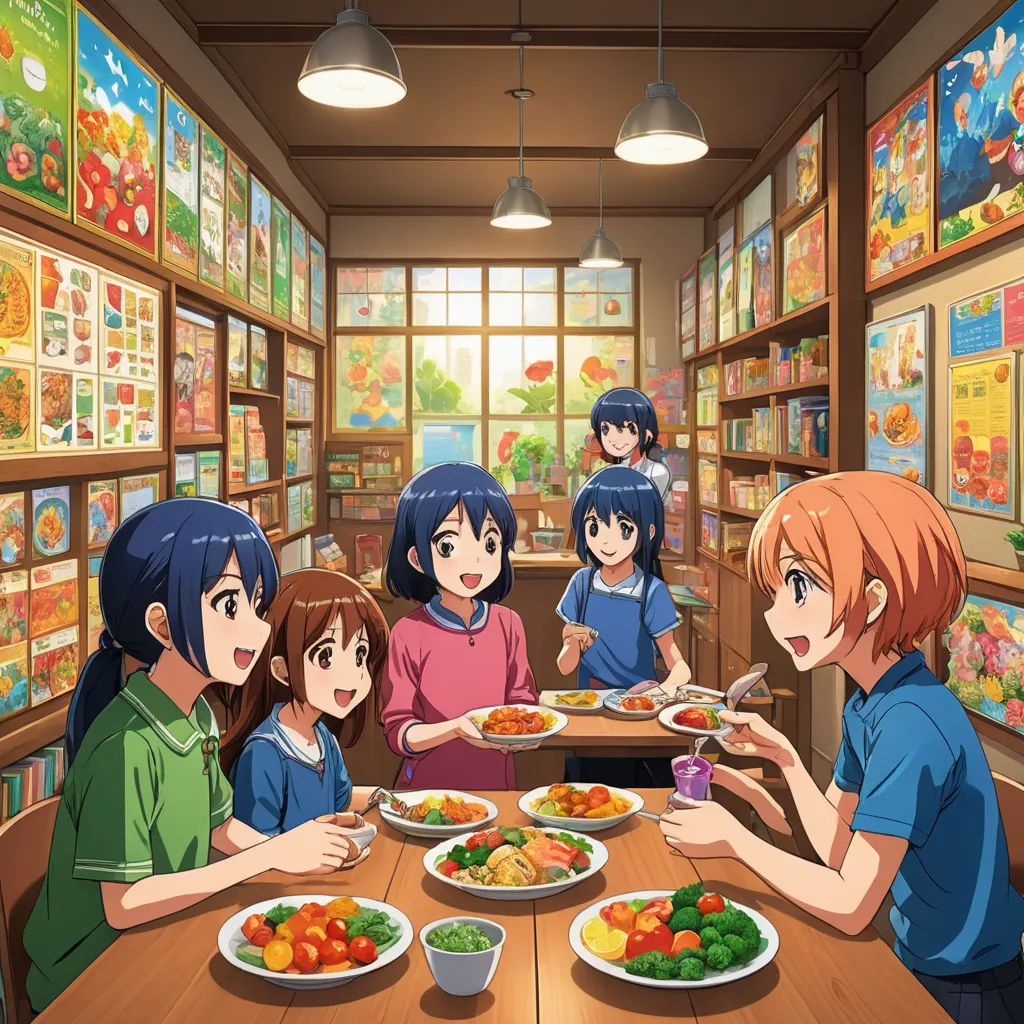 a group of people sitting around a table eating food in a restaurant with a window in the background and a wall of pictures, rayonism, an album cover, Aya Goda, official art