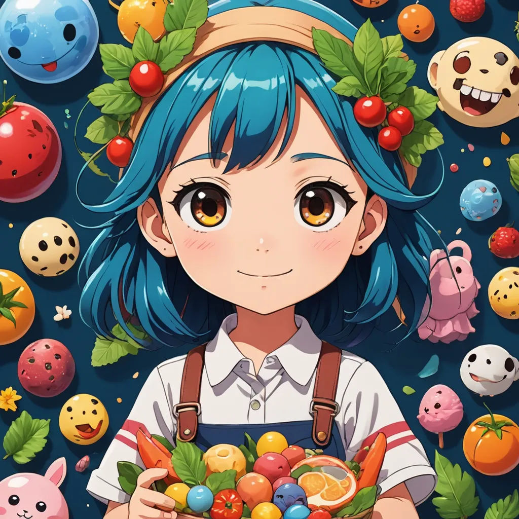 a girl holding a basket of fruit surrounded by other fruits and vegetables and a bunch of other fruits and vegetables, visual art, poster art, Aya Goda, official art