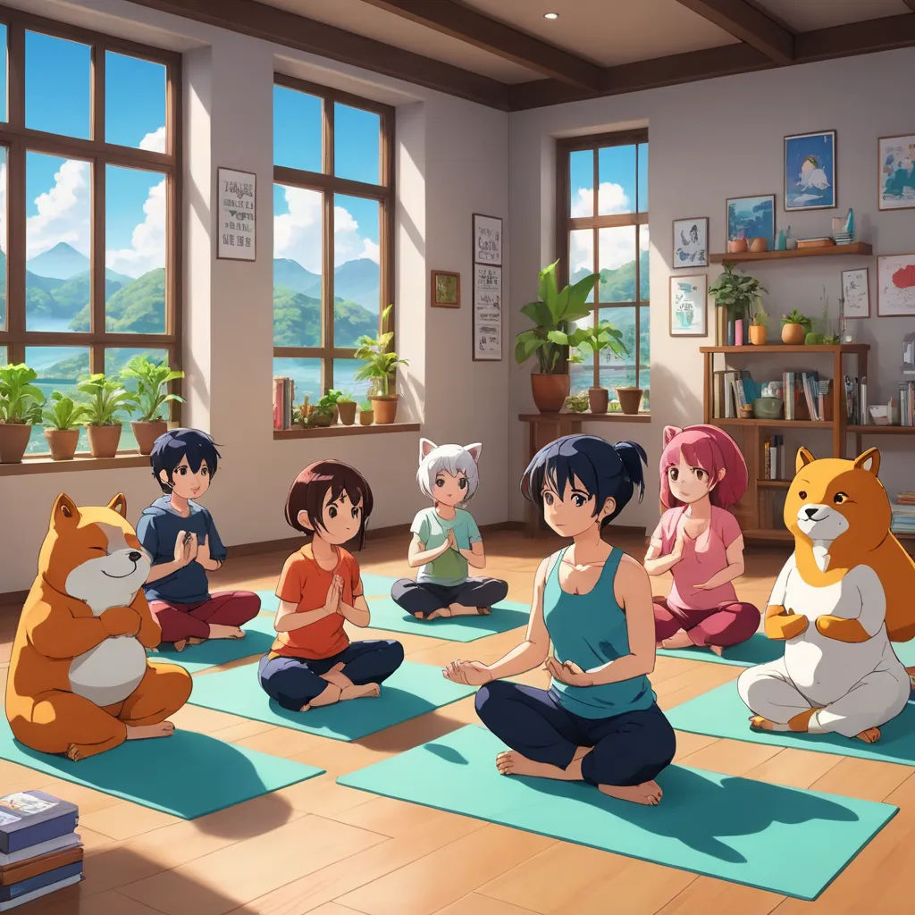 a group of people sitting in a room with teddy bears and yoga mats on the floor and a teddy bear in the middle, sots art, concept art, Anne Said, official art
