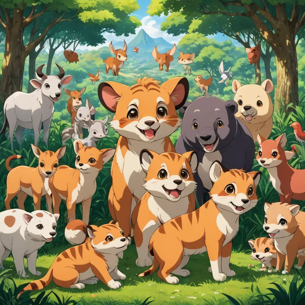 a group of animals standing in a forest together with trees and grass in the background and a mountain in the background, furry art, concept art, disney, official art