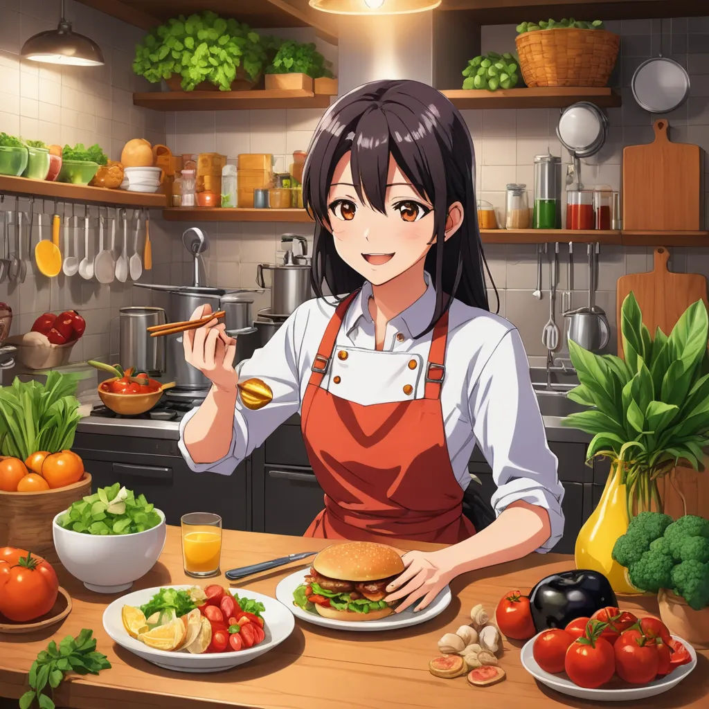 a woman in an apron is preparing food in a kitchen with vegetables and fruit on the counter top and a bowl of fruit and vegetables on the counter, sots art, a stock photo, Ai-Mitsu, official art