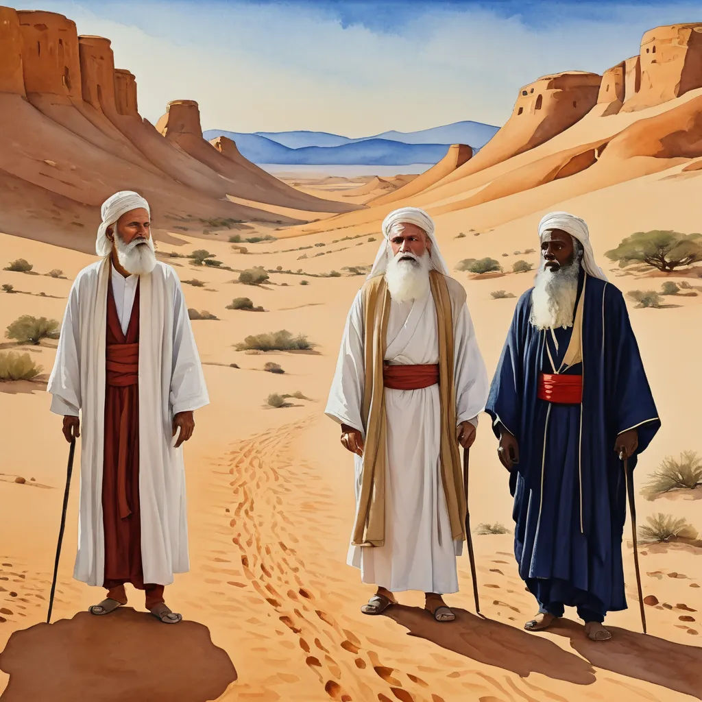 three men in desert with desert landscape in background and sand dunes in foreground, with footprints in the sand, figurative art, egyptian art, Brothers Hildebrandt, art noveau
