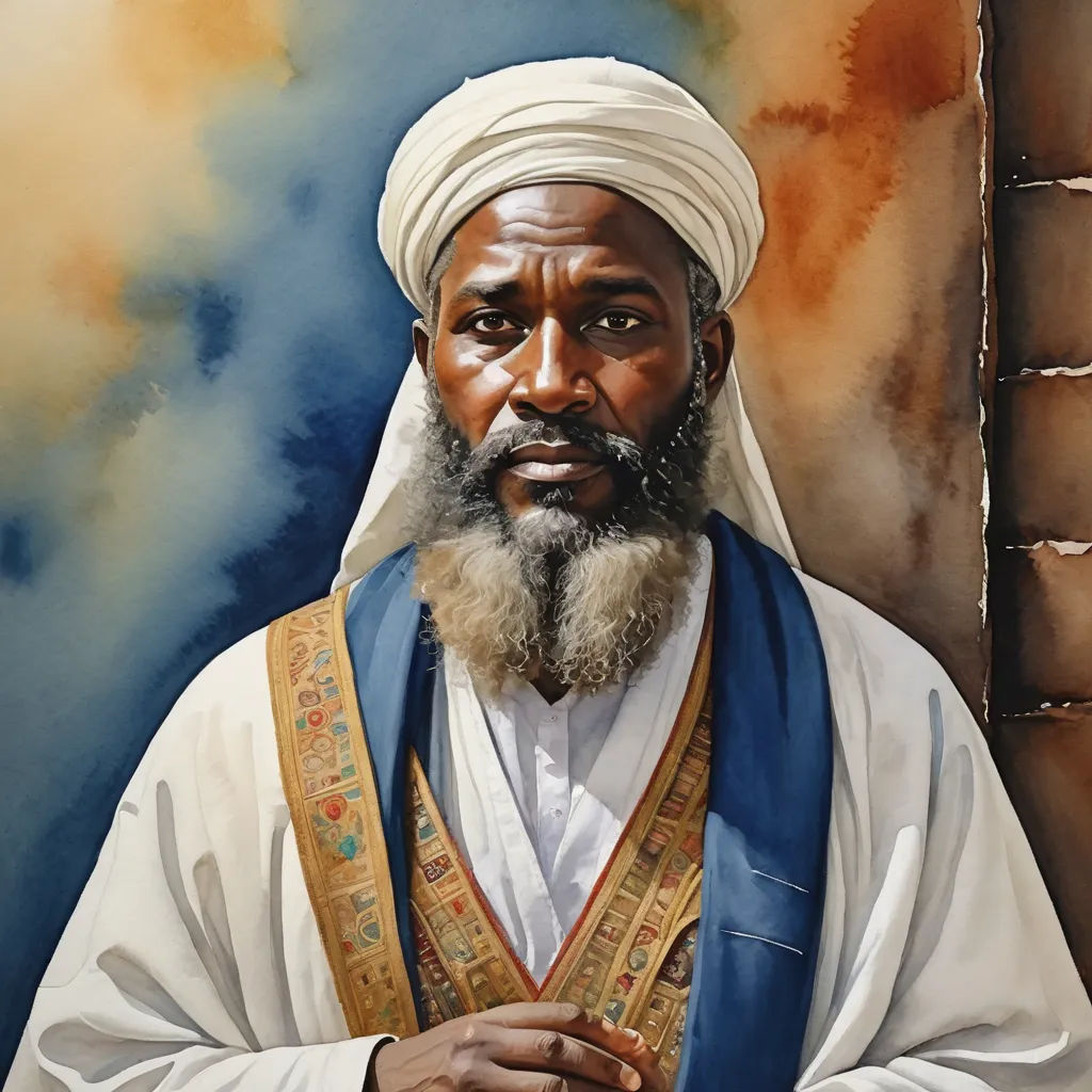 a painting of a man with a beard and a turban on his head and a blue vest, hurufiyya, a detailed painting, Ahmed Karahisari, detailed painting