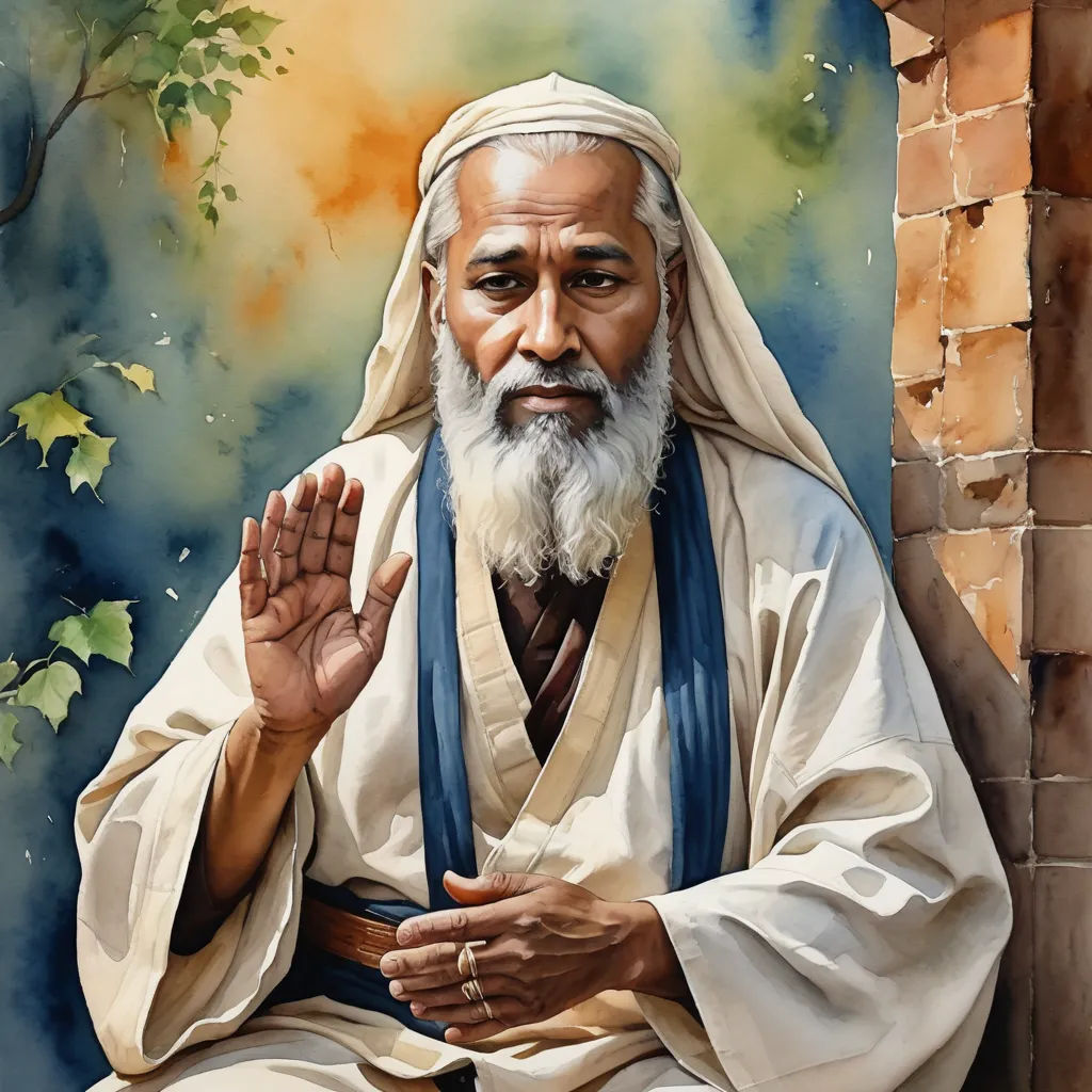 a painting of a man with a white beard and a white beard wearing a white robe and blue scarf, metaphysical painting, a detailed painting, Drew Struzan, in gouache detailed paintings