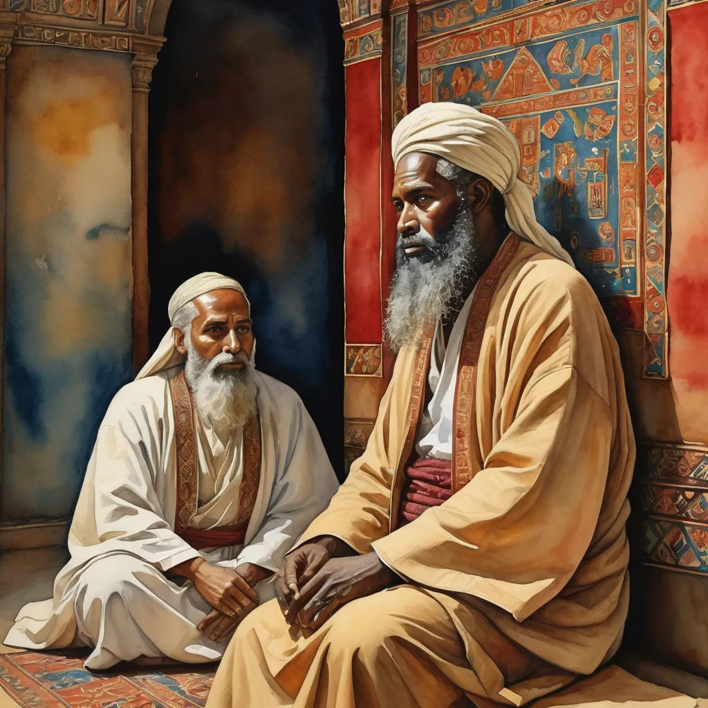 a painting of two men sitting on a rug in a room with red and blue walls and a painting of a man with a white beard, figurative art, a detailed painting, Brothers Hildebrandt, highly detailed oil painting