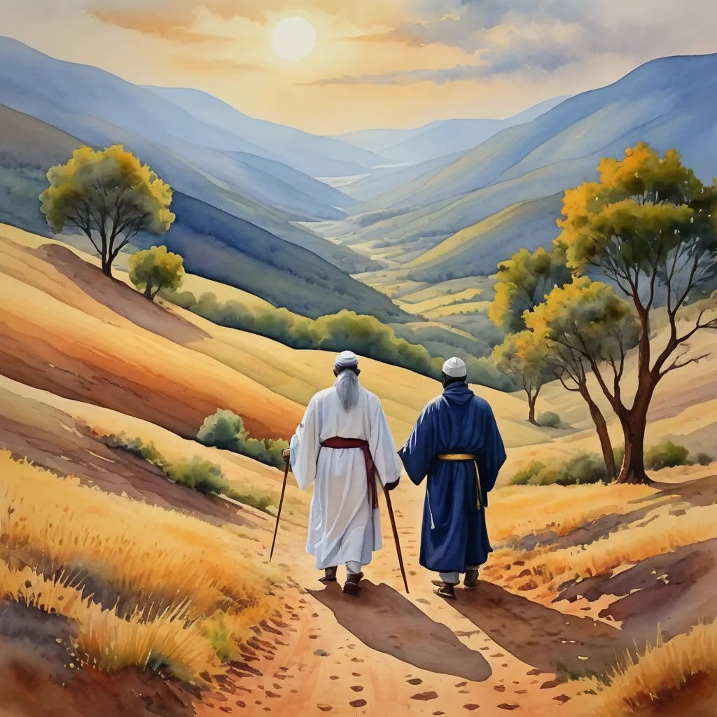 two people walking down a dirt road with a painting of mountains in the background and trees in the foreground, figurative art, a detailed matte painting, Brothers Hildebrandt, art noveau