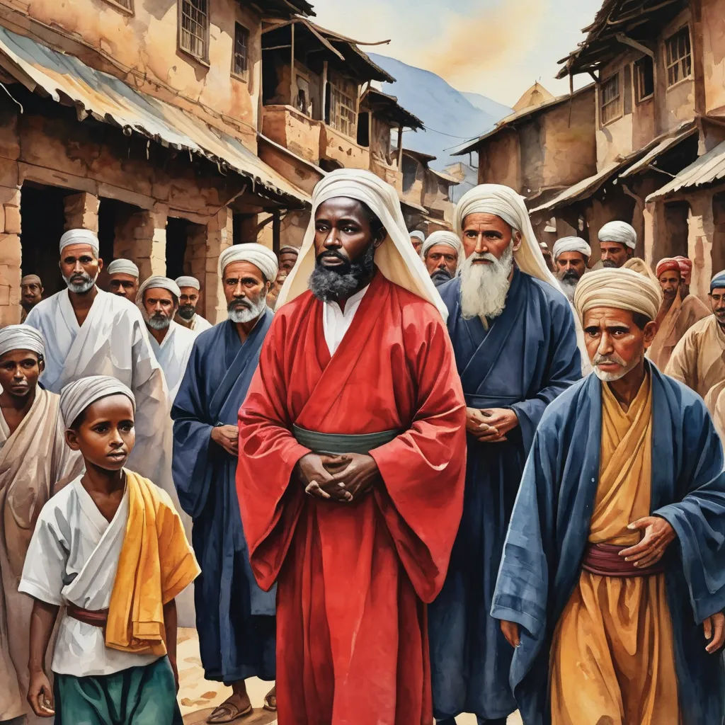 a painting of a man standing in front of a group of people in a village with buildings and a sky background, hurufiyya, a detailed painting, De Hirsh Margules, detailed painting