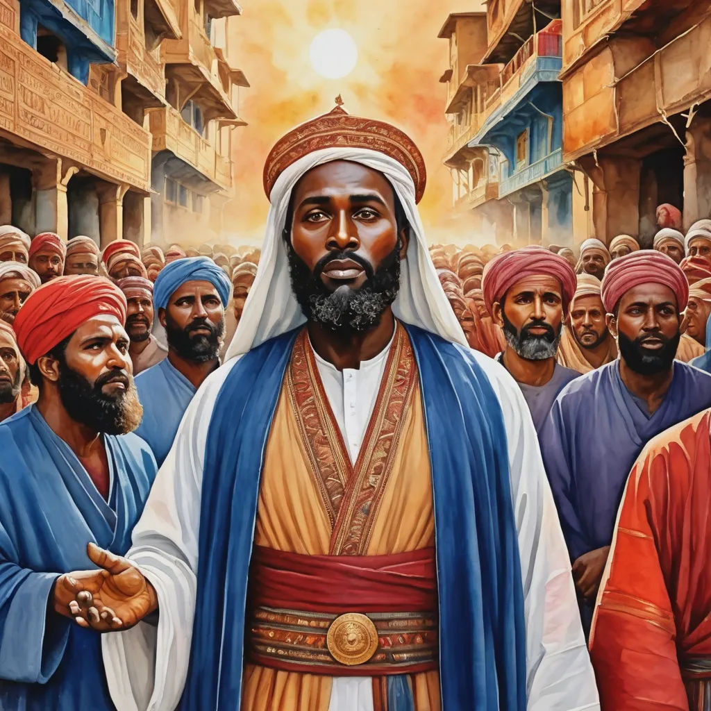 a painting of a man in a crowd of men in colorful clothing and turbans, with a bright sun in the background, hurufiyya, a detailed painting, De Hirsh Margules, highly detailed digital painting