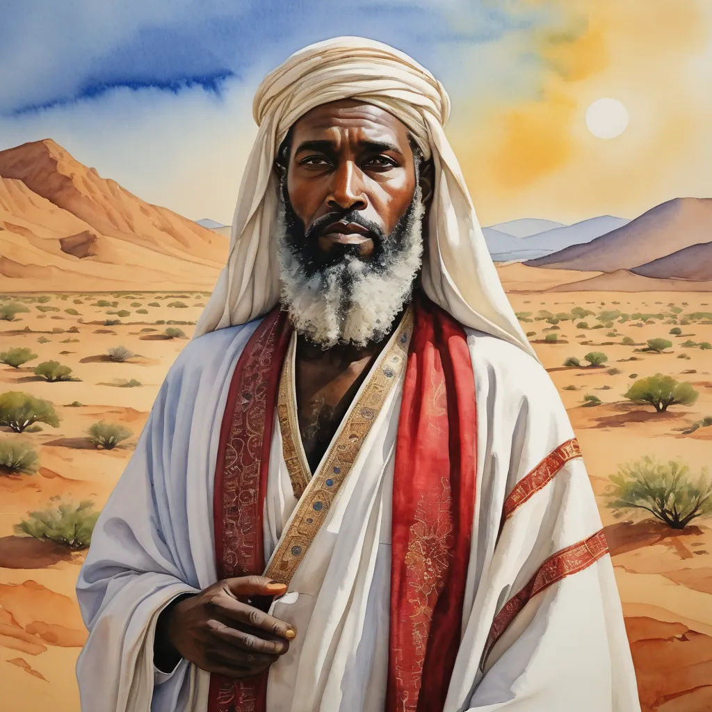 a painting of a man in a desert setting with a white beard and white turban, holding a knife, hurufiyya, a detailed painting, Esaias Boursse, desert