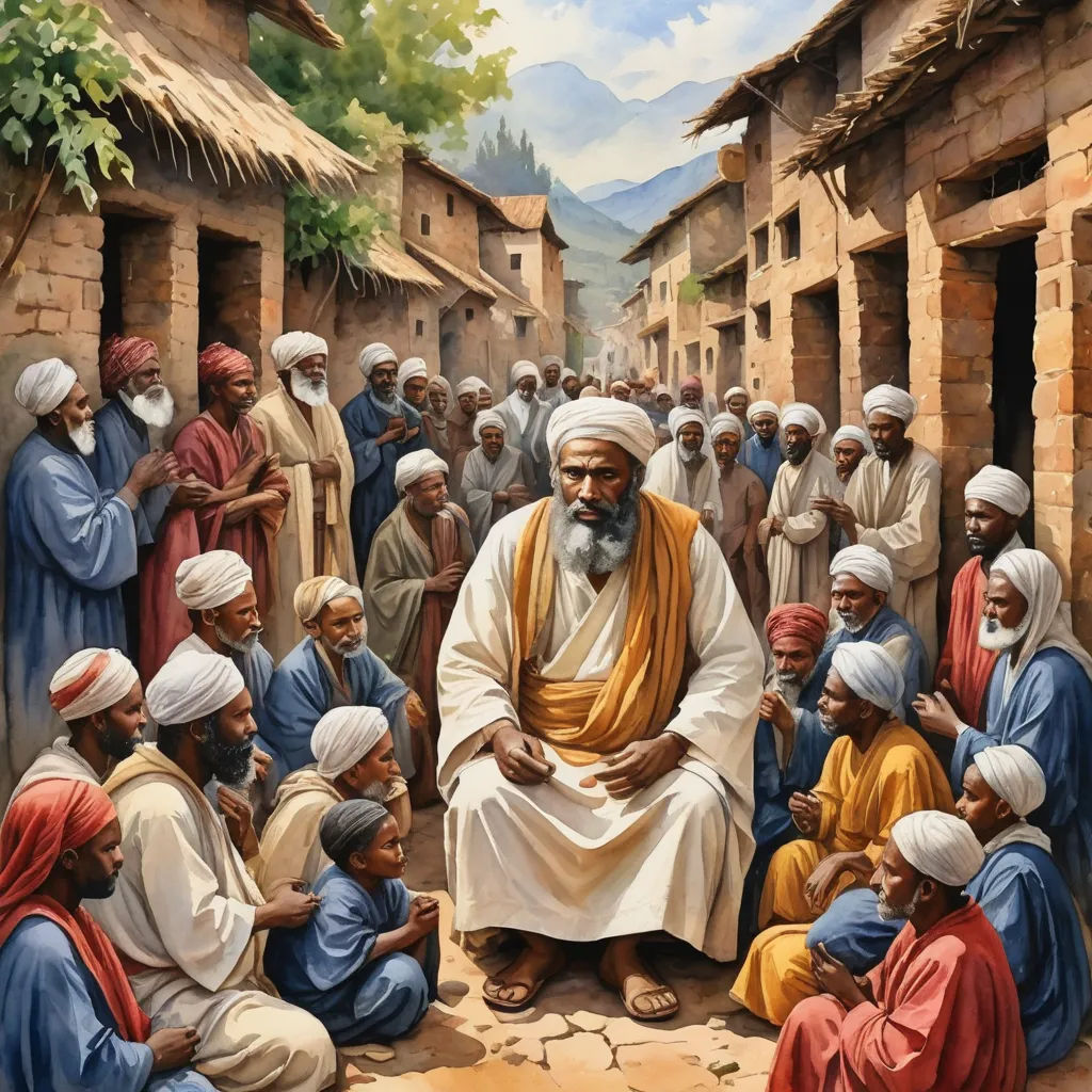 a painting of a man sitting in front of a group of people in a village with a mountain in the background, qajar art, a detailed painting, Afewerk Tekle, highly detailed digital painting
