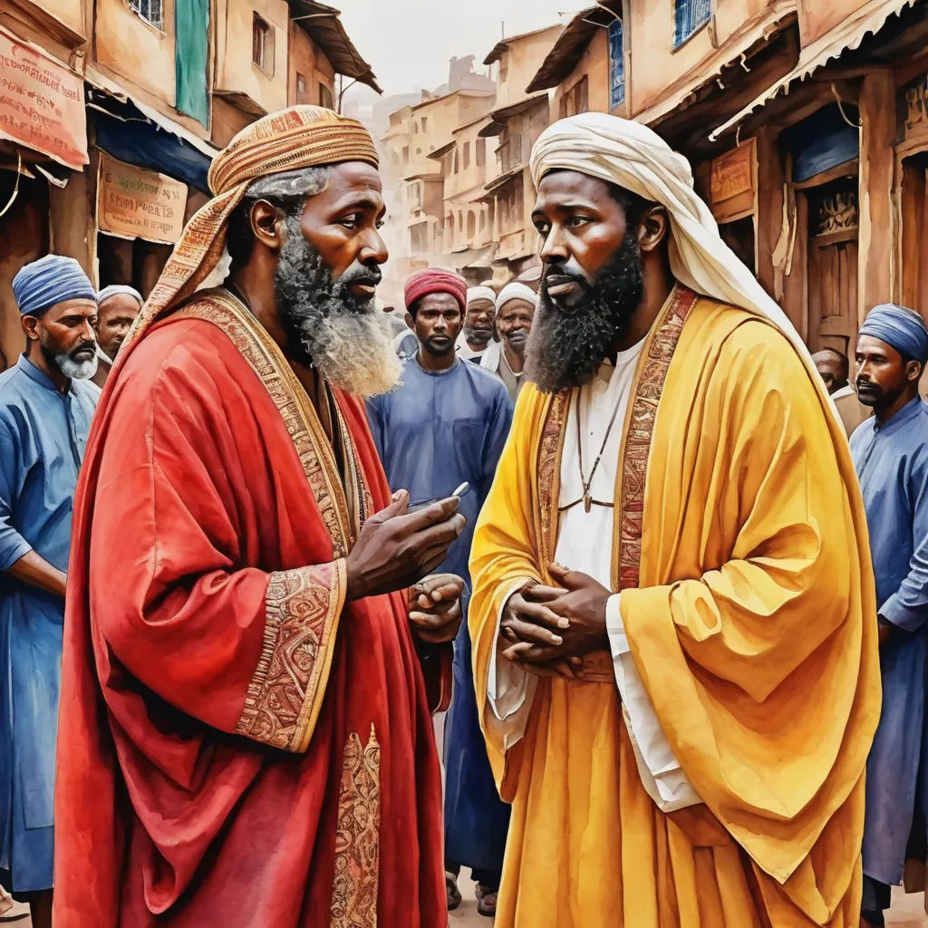 two men in yellow and red robes talking to each other in a street with other men in blue and yellow, black arts movement, a detailed painting, Brothers Hildebrandt, highly detailed digital painting