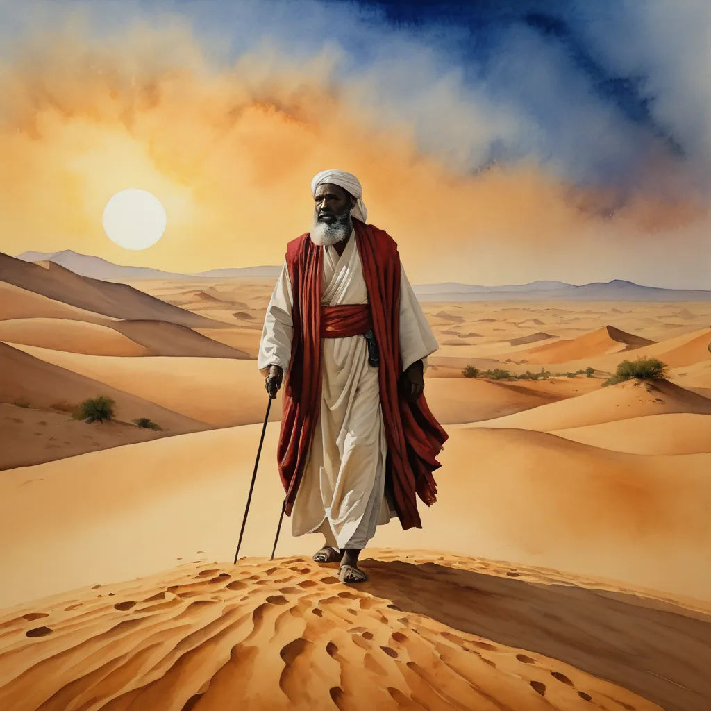 a painting of a man in a desert with a cane and a red robe on walking across a desert, figurative art, an airbrush painting, Drew Struzan, desert