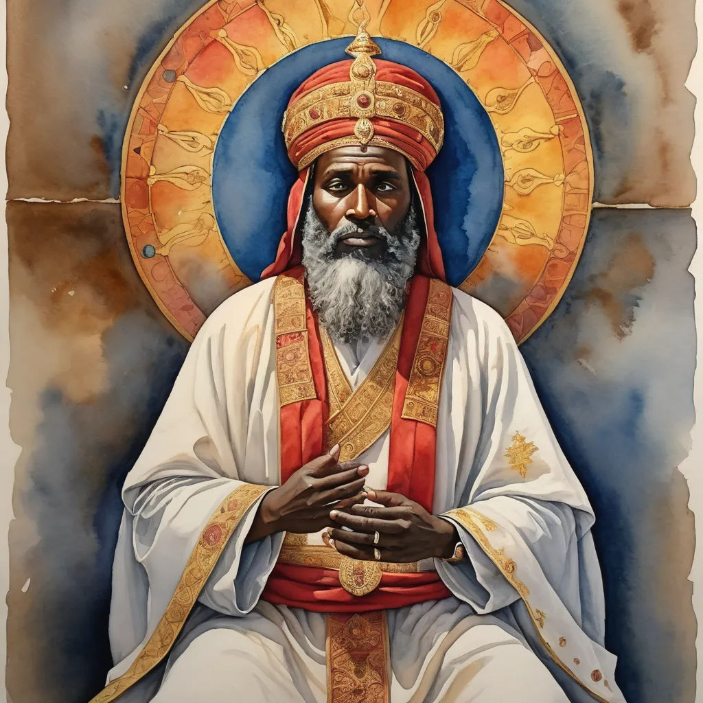 a painting of a man with a beard and a cross on his chest, wearing a red and gold outfit, black arts movement, a watercolor painting, Afewerk Tekle, in gouache detailed paintings