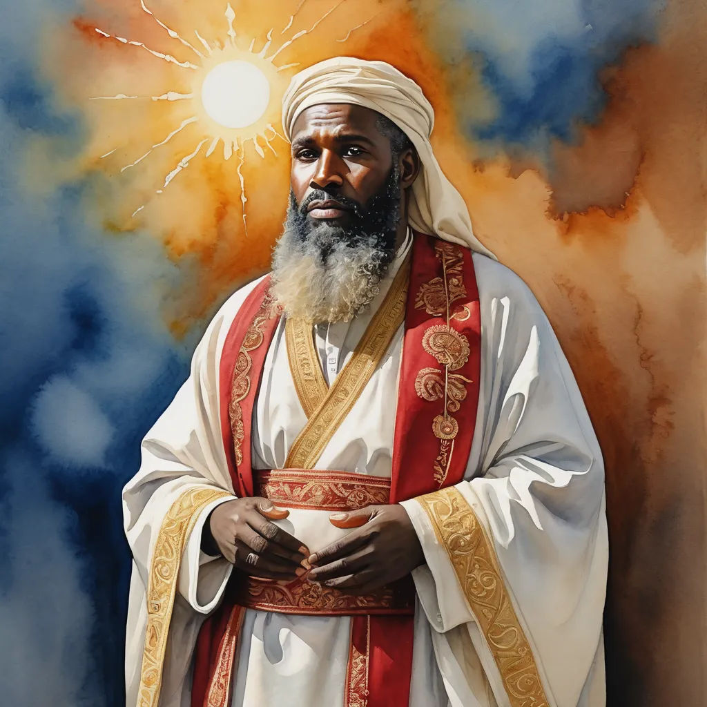 a painting of a man with a beard and a white robe and a red and gold sash around his neck, hurufiyya, a painting, Dionisius, in gouache detailed paintings