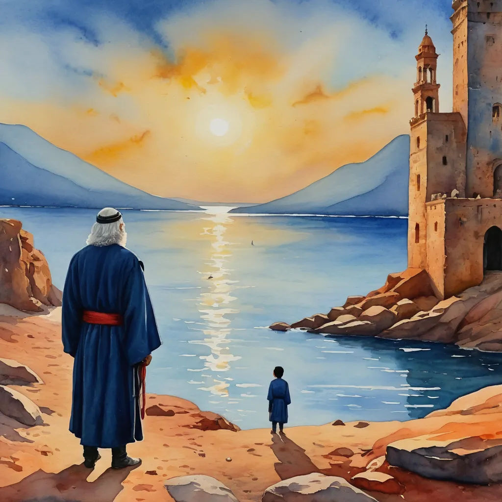 a painting of a man and a child looking at a castle by the water at sunset or sunrise time, fantasy art, a storybook illustration, Christophe Vacher, storybook illustration