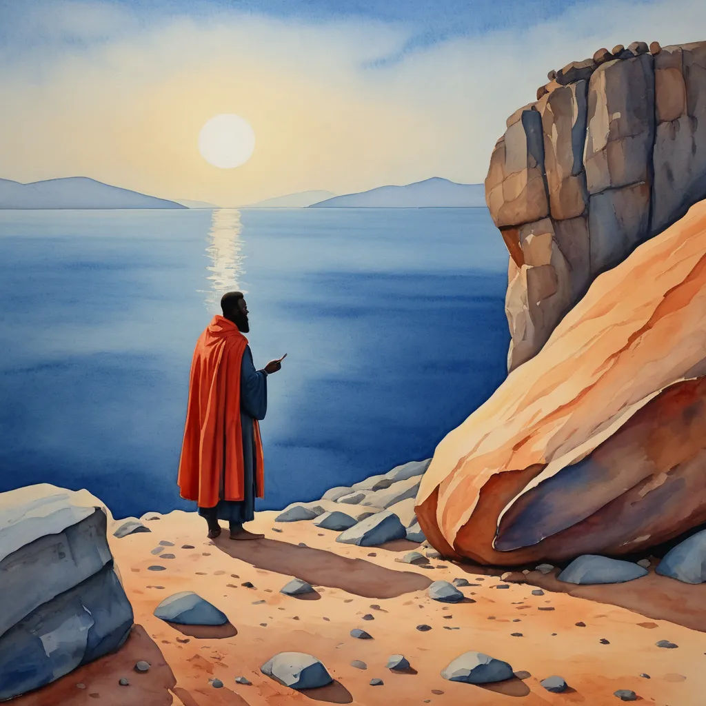 a painting of a man standing on a cliff looking at the ocean with a sunset in the background and a rock outcropping, metaphysical painting, a watercolor painting, Christophe Vacher, thierry doizon
