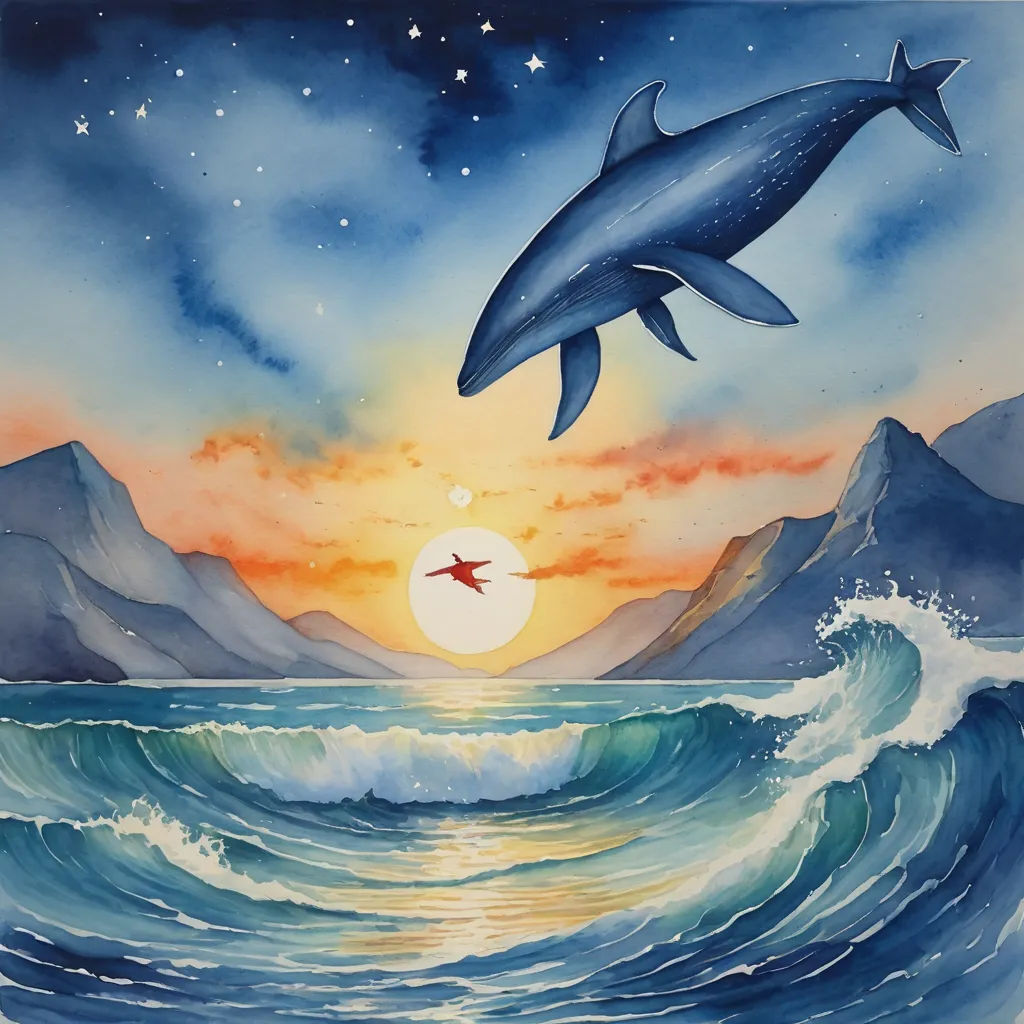 a painting of a dolphin jumping over a wave in the ocean at sunset with a person swimming in the water, metaphysical painting, a storybook illustration, Aaron Jasinski, llustration