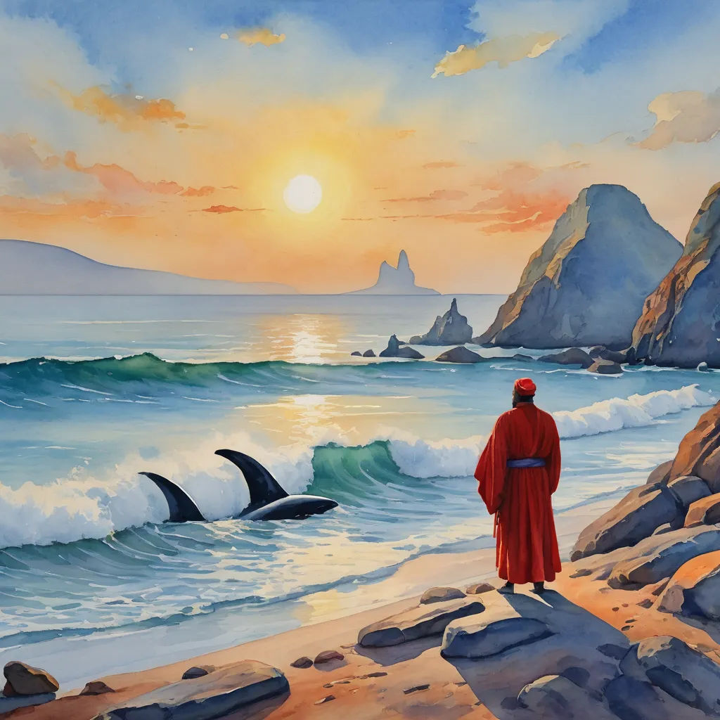 a painting of a man standing on a beach looking at dolphins in the ocean and a sunset in the background, fantasy art, a matte painting, Christophe Vacher, great composition