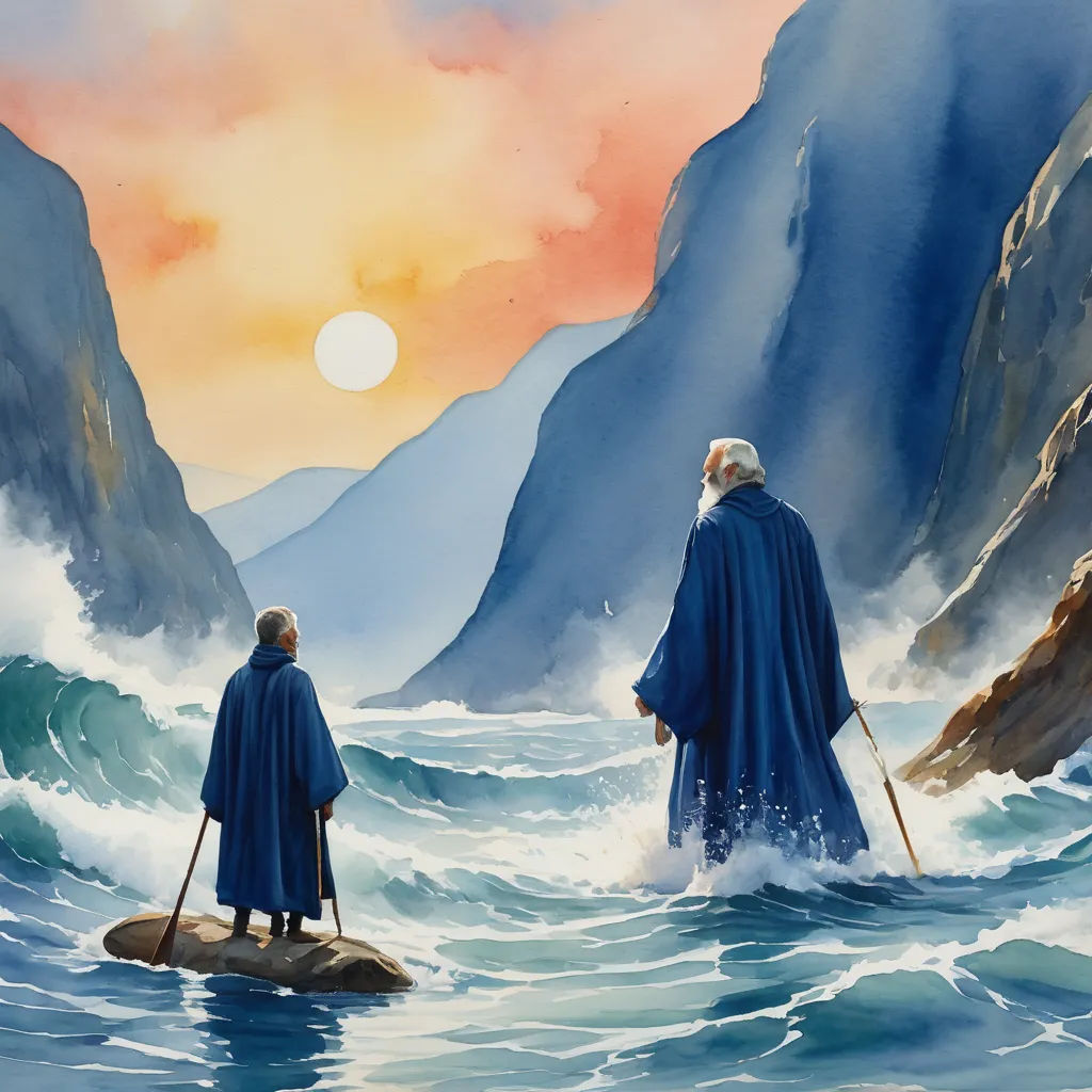 two people in the water with a boat and a mountain in the background with a sun setting behind them, fantasy art, a detailed matte painting, Christophe Vacher, matte fantasy painting