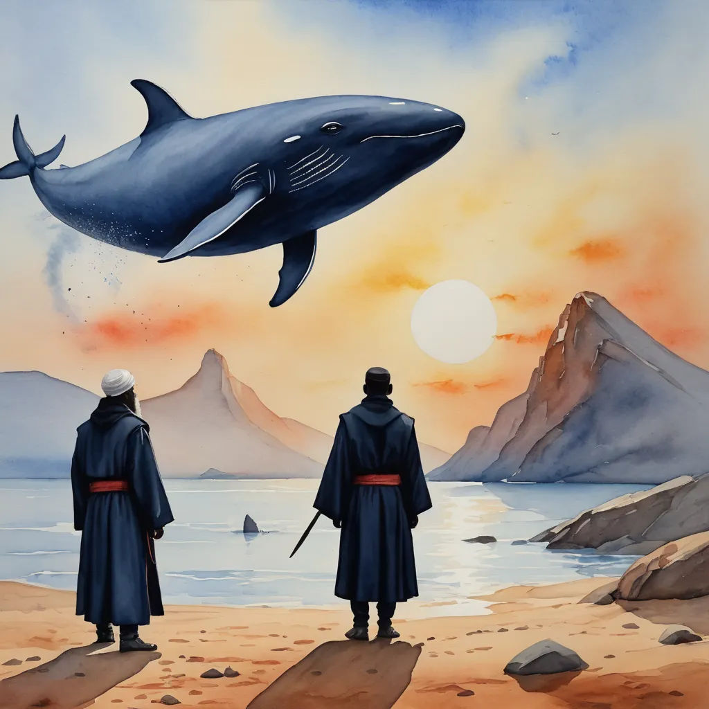 a painting of two men looking at a whale in the sky above a lake and mountains with a boat in the water, fantasy art, an airbrush painting, Christophe Vacher, fantasy artwork