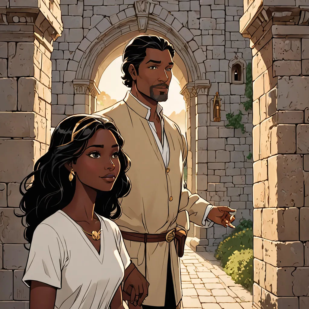 a man and a woman standing in a doorway of a castle with a light shining on them and a brick wall, fantasy art, a comic book panel, Cedric Seaut (Keos Masons), official art