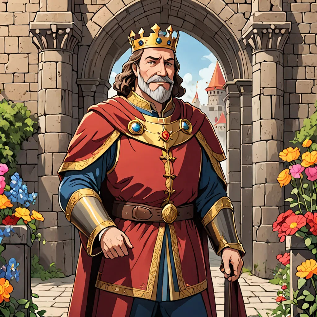 a man in a red and gold outfit standing in front of a castle entrance with flowers and a gate, sots art, a character portrait, Clovis Trouille, character portrait