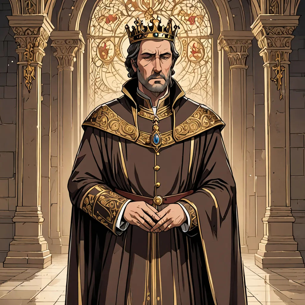 a man in a brown robe and crown standing in front of a stained glass window with a stained glass window behind him, sots art, a character portrait, Cedric Seaut (Keos Masons), official art
