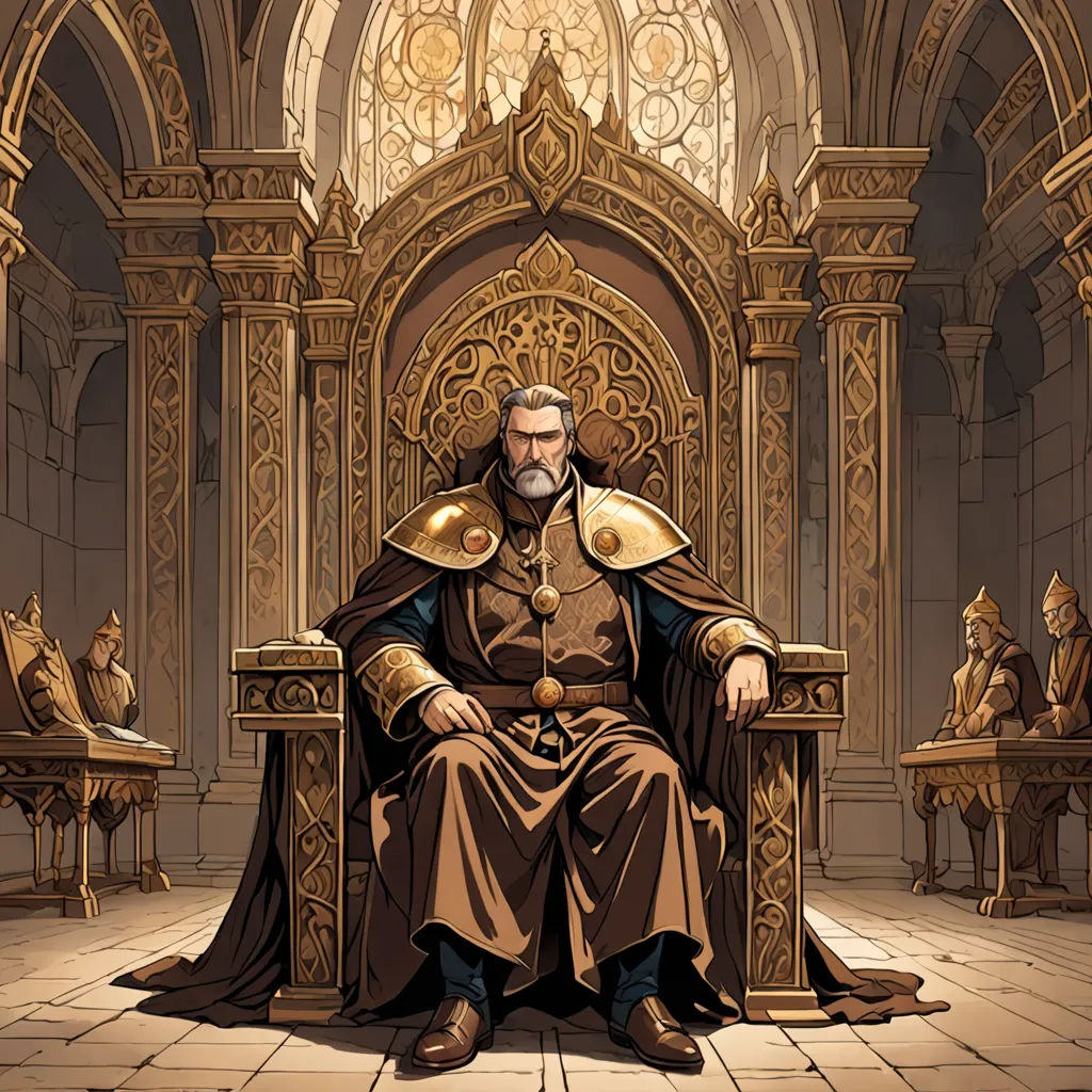 a man sitting on a throne in a room with a window and a clock on the wall behind him, fantasy art, a comic book panel, Christophe Vacher, epic fantasy character art