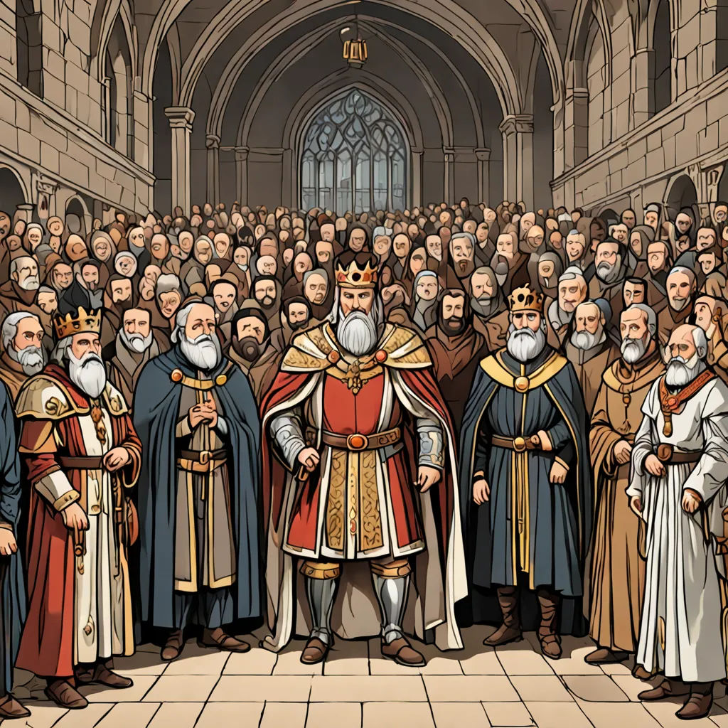 a group of men standing in front of a crowd of people in medieval clothing and holding a sword in their hands, sots art, a digital rendering, Edward Otho Cresap Ord, II, game art