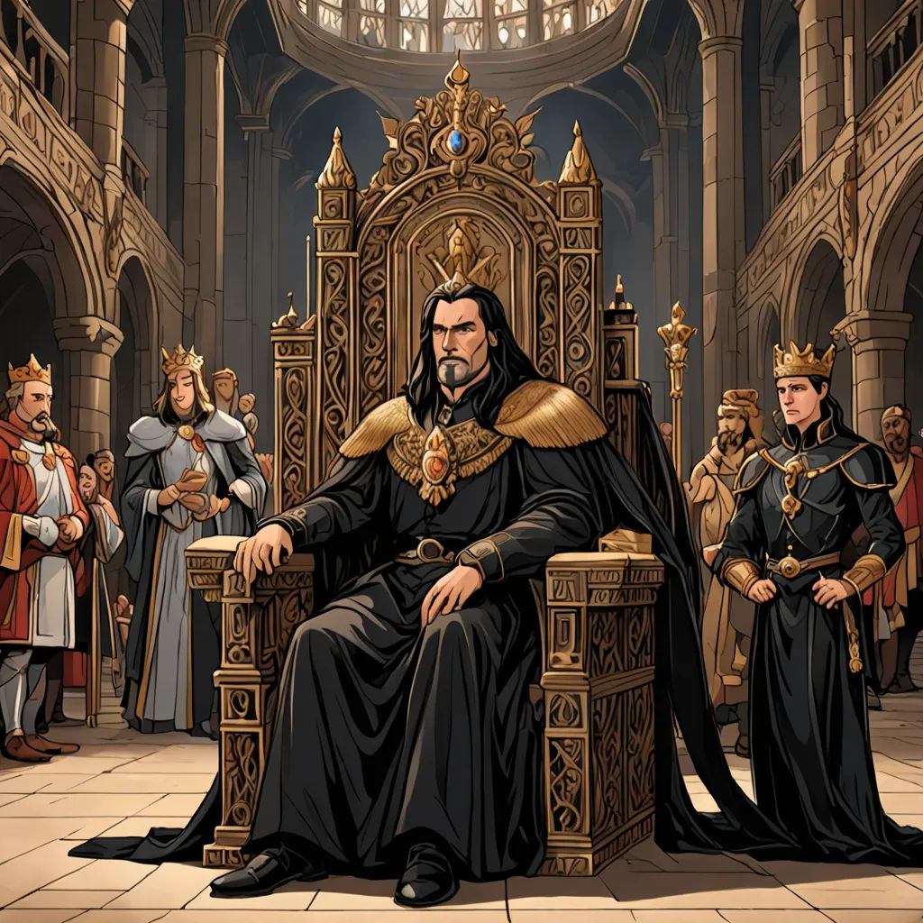 a man sitting on a throne surrounded by other men in medieval dress and armor, in a cathedral with a stained glass window, fantasy art, an ultrafine detailed painting, Christophe Vacher, official art