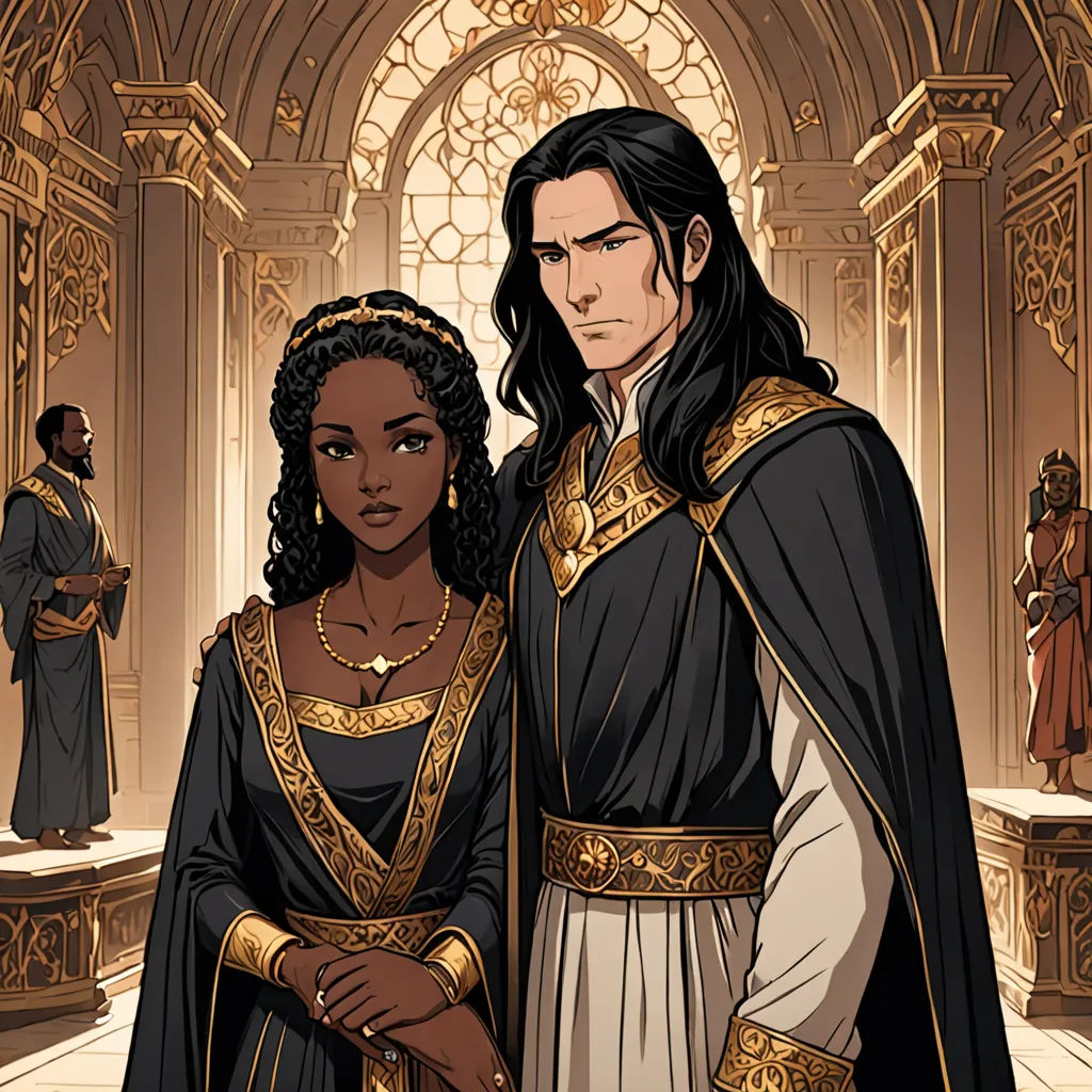 a man and woman dressed in medieval clothing standing in a hall with a stained glass window behind them and a stained glass window behind them, international gothic, a character portrait, Cedric Seaut (Keos Masons), official art
