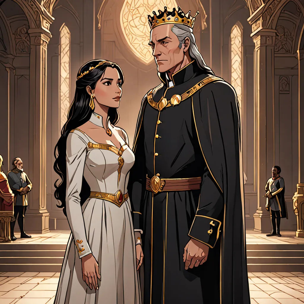a man and a woman dressed in medieval clothing standing next to each other in a room with a chandelier, sots art, concept art, Charlie Bowater, official art