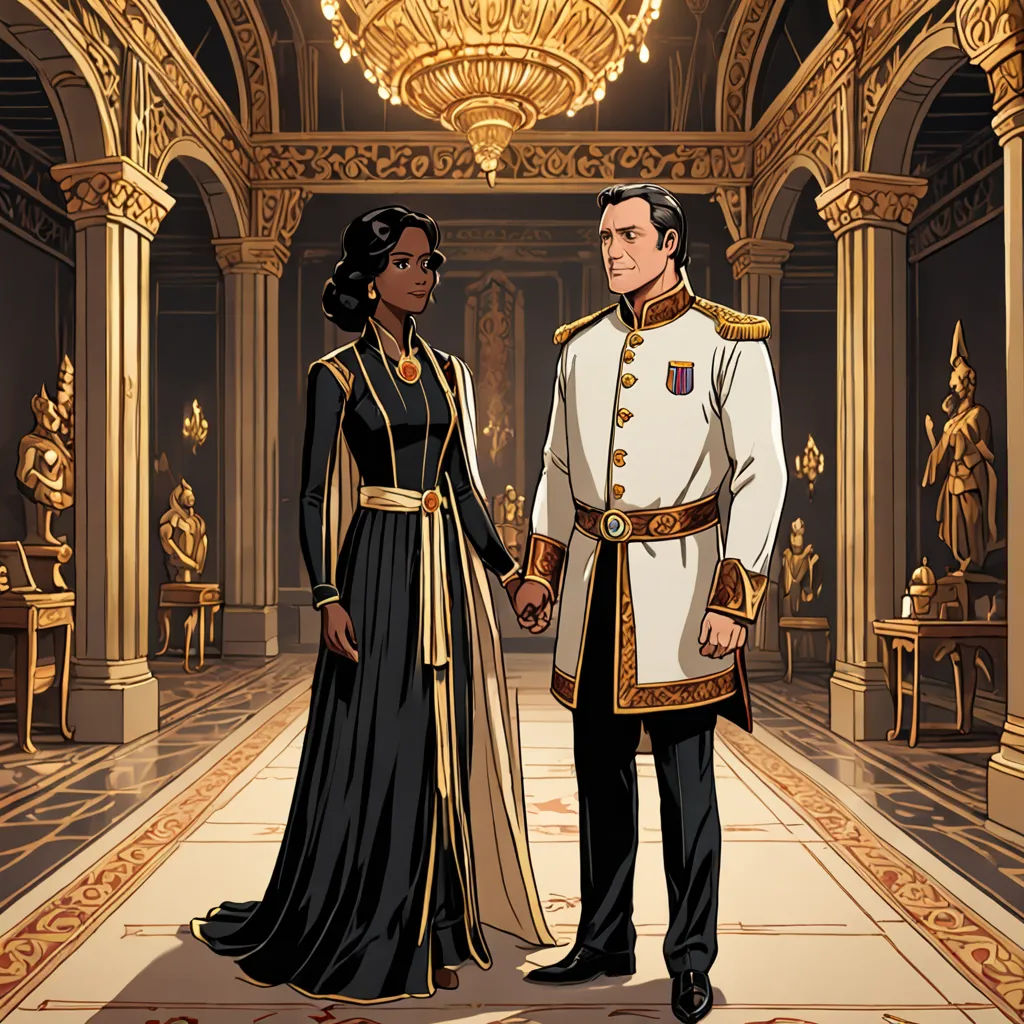 a man and woman dressed in medieval clothing standing in a hall with chandeliers and a chandelier, sots art, concept art, Chinwe Chukwuogo-Roy, official art