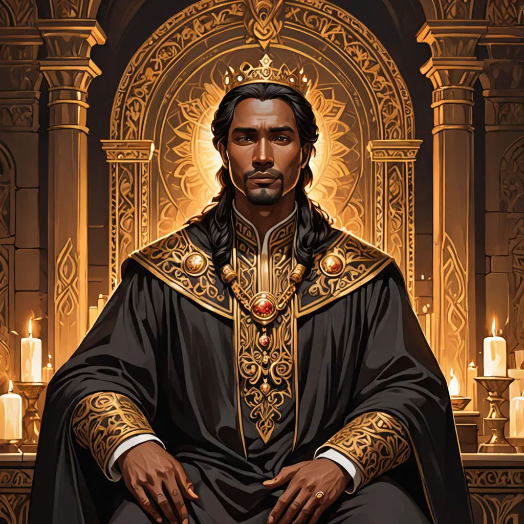 a man in a black robe sitting in a throne with candles in the background and a golden cross on the wall, fantasy art, a character portrait, Cedric Seaut (Keos Masons), mars ravelo and greg rutkowski