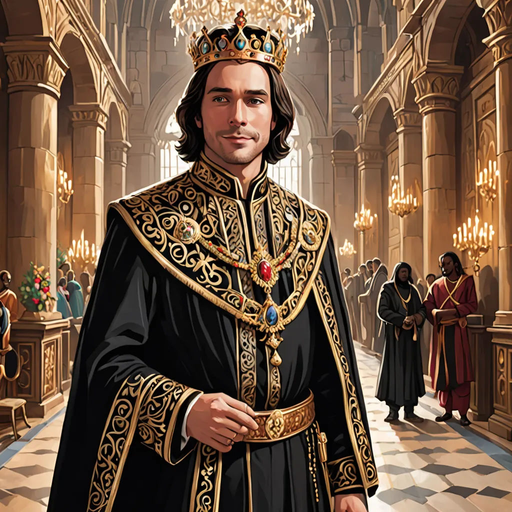 a man in a black and gold outfit with a crown on his head and a crown on his head, pre-raphaelitism, a character portrait, Cedric Seaut (Keos Masons), official art