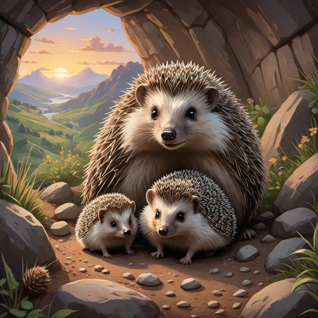 a painting of three hedges sitting on a rock in a cave with a mountain view in the background, a storybook illustration, Brothers Hildebrandt, sots art, official art