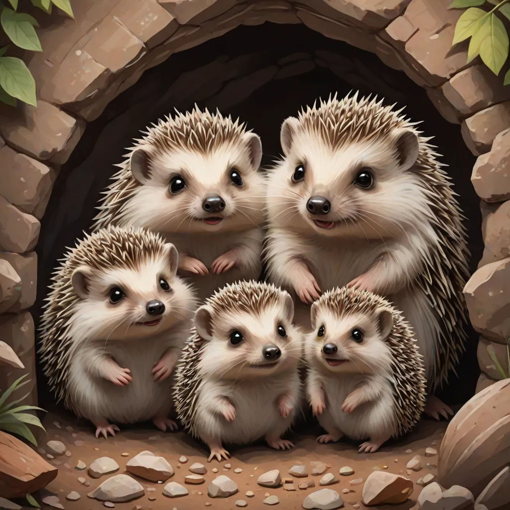 a group of hedgehogs sitting in a cave with rocks and plants around them, with a stone wall and a stone archway, a detailed painting, Brothers Hildebrandt, furry art, official art